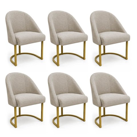 Kit 06 Cadeiras Poltrona de Jantar Lua Linho Bege Base Ferro Dourado Dal Poz Estofados