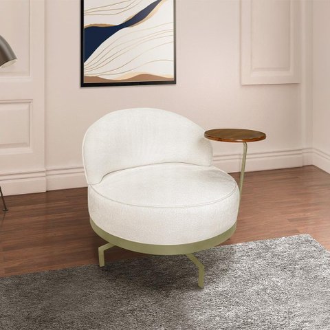 Poltrona Sala de Estar Pés em Ferro Champagne Giratória Braço Madeira Maciça 86cm Banff Bouclê