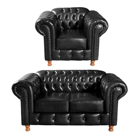 Conjunto Sofá E Poltrona Luís Xv Chesterfield Capitonê Retrô - Couríssimo Preto
