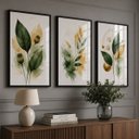 Ver imagem 1 de Kit 3 Quadros Folhagem Verde Dourado Aquarela com Moldura Preta