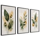 Ver imagem 2 de Kit 3 Quadros Folhagem Verde Dourado Aquarela com Moldura Preta