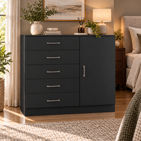 Cômoda para Roupas com 5 Gavetas e 1 Porta, Móvel Organizador para Quarto - Preto