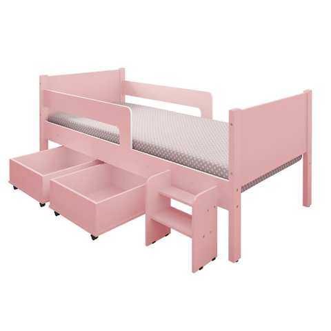 Conjunto Quarto Infantil Cama Luna Plus Rosa com Colchão + Guarda-Roupa Paris 4 Portas - Branco