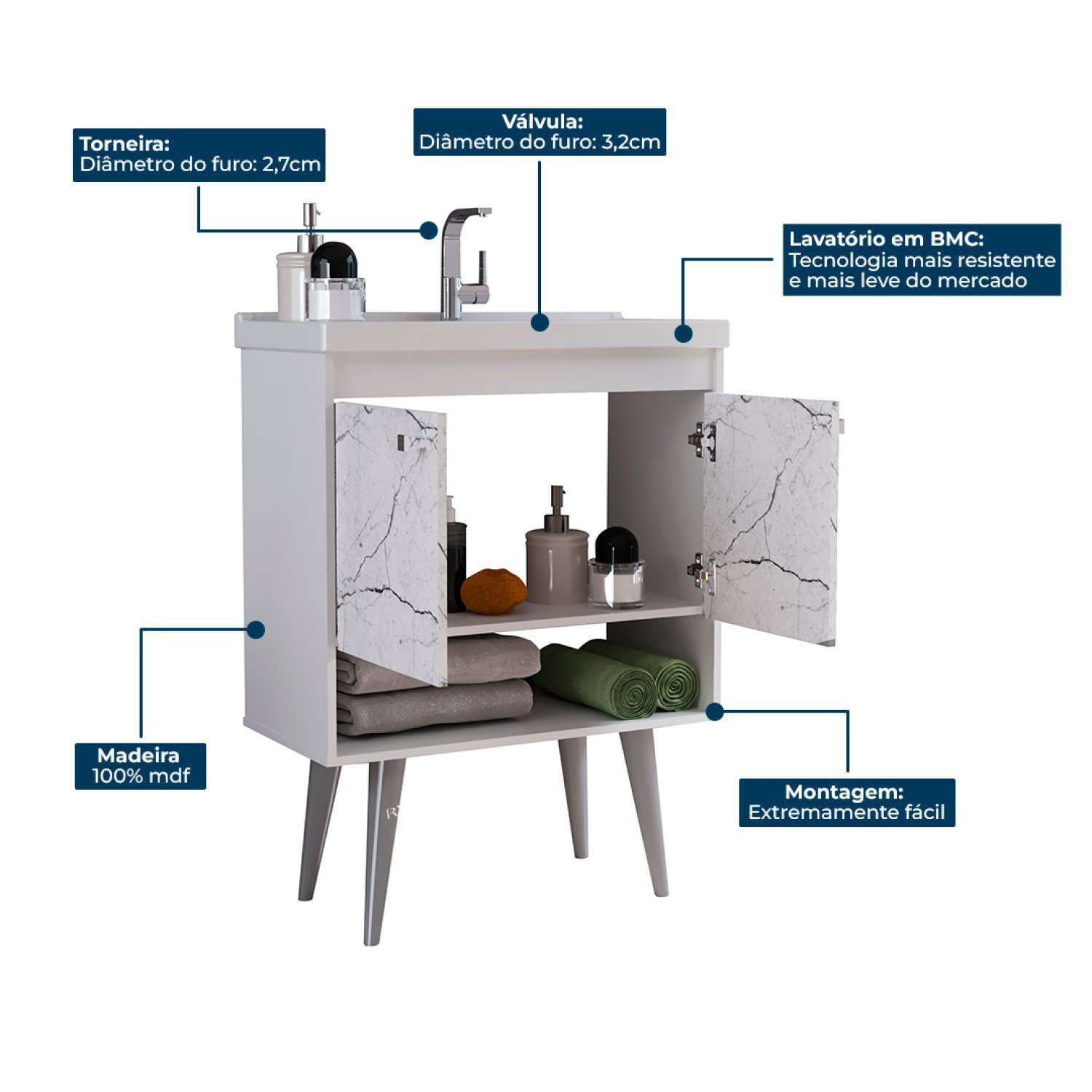 Gabinete para Banheiro com Cuba 60cm em MDF Torino Riverzza - 6