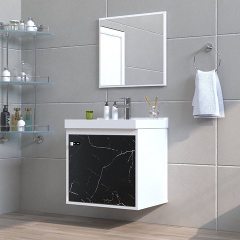 Gabinete Suspenso para Banheiro com Cuba 40cm em MDF Veneto Branco/Preto