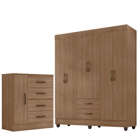 Kit Guarda-roupa Casal 6 Portas e Cômoda Sapateira 1 Porta Lisa Carvalho Oak