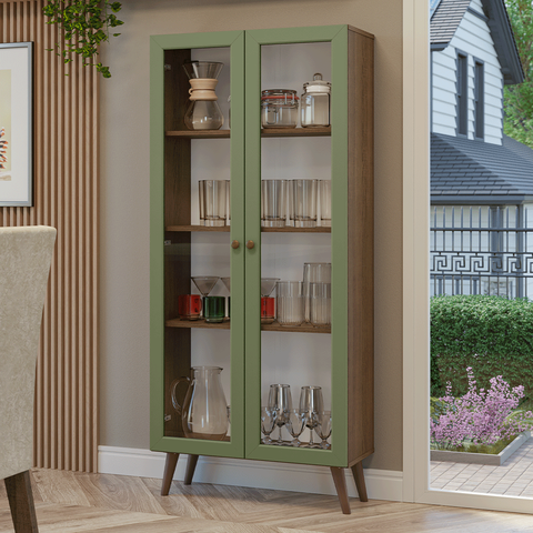 Cristaleira 70 cm 2 Portas de Vidro com Pés Cônicos Rustic-Verde-Rustic Vik Madesa