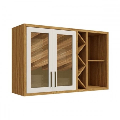 Armário Aéreo de Cozinha 120 Cm Tempranillo 2 Portas com Vidro 100% Mdf Amêndoa/off White - Rio Doce