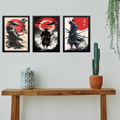 Kit 3 Quadros Gravuras Artes Samurais 24x18cm:moldura Preta