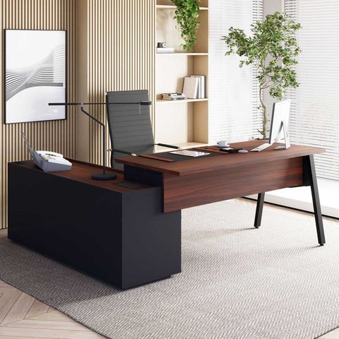 Mesa L Diretor com Armário Lateral 3 Gavetas 180cm Industrial Tampo Chanfrado Pés em Metal Executive