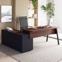 Ver imagem 1 de Mesa L Diretor com Armário Lateral 3 Gavetas 180cm Industrial Tampo Chanfrado Pés em Metal Executive