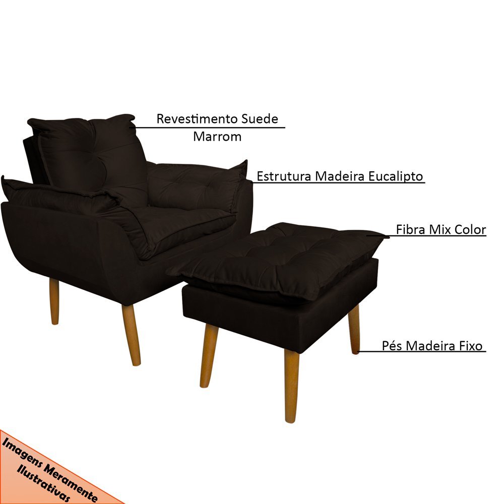 Conjunto Decorativo Poltrona com Puff Opala Suede Marrom - Montanaris Decor MD MONTANARIS DECOR - 5