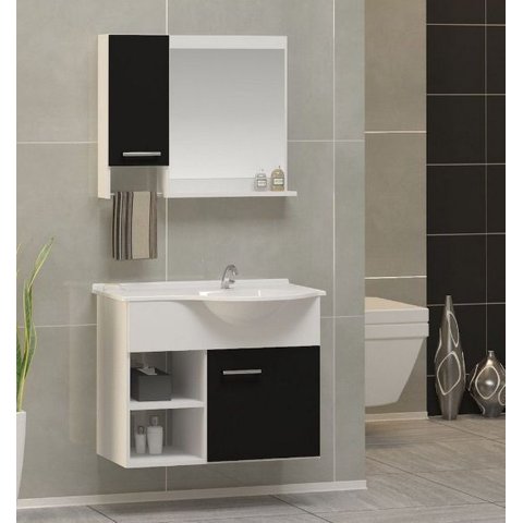 Kit Gabinete 100% Mdf Cuba e Espelheira 60cm para Banheiro:branco/preto