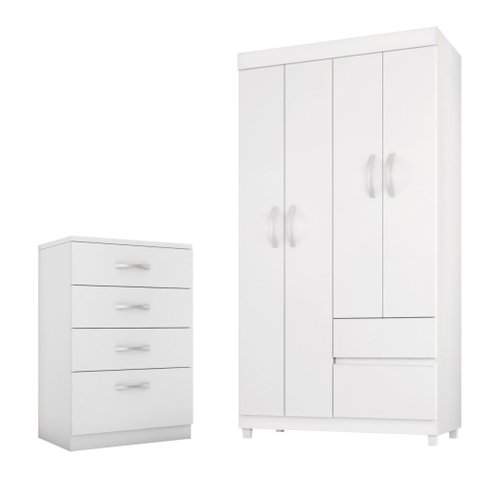 Conjunto Quarto Guarda Roupa e Comoda Vicenza Branco Rosa
