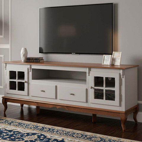 Rack para TV até 75 Polegadas 195cm 2 Portas Vidro Cruzeta 2 Gavetas Prateleira Interna Pés Luis Xv