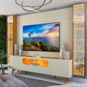 Ver imagem 1 de Rack Painel para TV até 84 Polegadas com LED 100% MDF 293cmx238cm Pés em Madeira Maciça Espelhos Luminare Nobre Bege Off White/Naturale