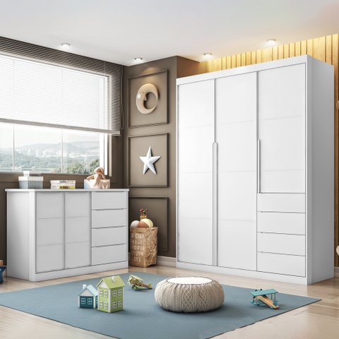 Quarto completo com Guarda Roupa 3 Portas e 4 Gavetas + Cômoda 2 Portas e 4 Gavetas Pérola Branco -