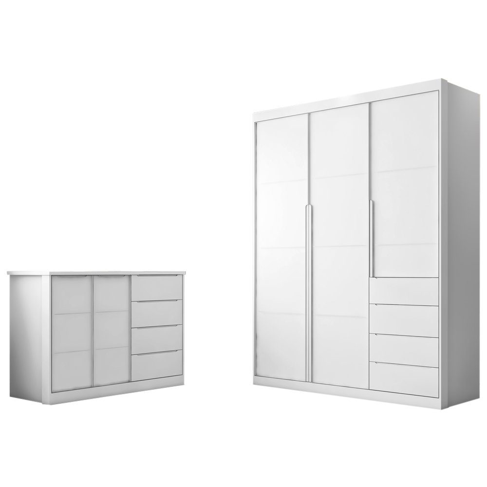 Quarto completo com Guarda Roupa 3 Portas e 4 Gavetas + Cômoda 2 Portas e 4 Gavetas Pérola Branco - - 7