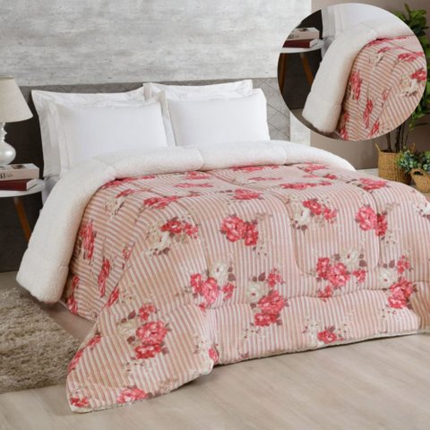 Edredom Coberdrom Sonobom Solteiro Sherpa e Manta - Floral Laranja Top Chick