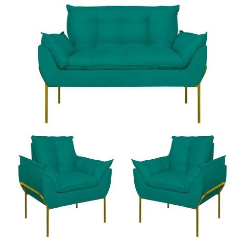 Kit 2 Poltronas + Namoradeira Pé Metal Dourado Recepção Sala Azul Turquesa
