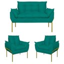 Ver imagem 1 de Kit 2 Poltronas + Namoradeira Pé Metal Dourado Recepção Sala Azul Turquesa