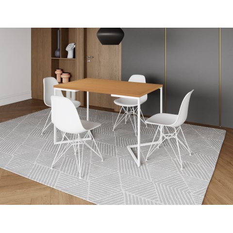 Mesa Industrial Base Ferro Branco em  V  Tampo 137x90 Canela 4 Cadeiras Eames Assento Branco Ferro B