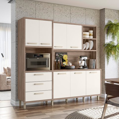 Kit Cozinha Leona 7 Portas Carvalho Nature/Off White Cristal - Nicioli
