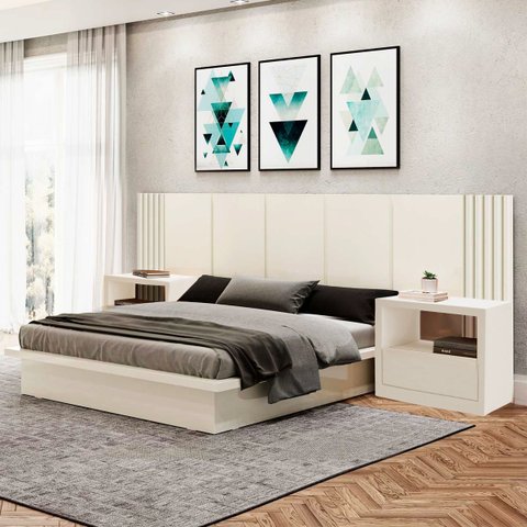 Kit Quarto Cama + 2 Mesa de Cabeceira + Cabeceira 3,0m Mdf Cor:off White