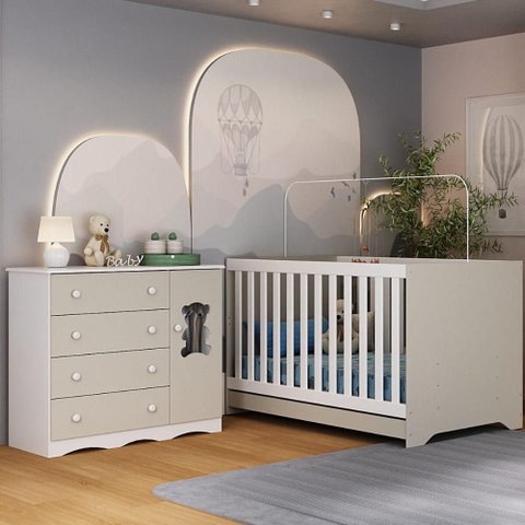 Berço Americano 3 em 1 com Cômoda 1 Porta 4 Gavetas Doçura Multimóveis Mp4725 Branco/off White