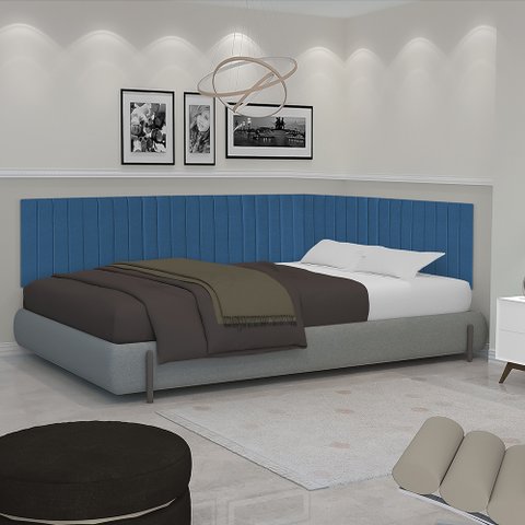 Conjunto de Cabeceira Viuva Solteirão Palito Estofado Suspensa com Proteção Lateral - 128 Cm - Azul