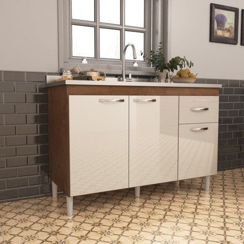 Balcão para Pia sem Tampo 120cm 3 Portas 1 Gaveta Moscou Bege/Noce/Off White
