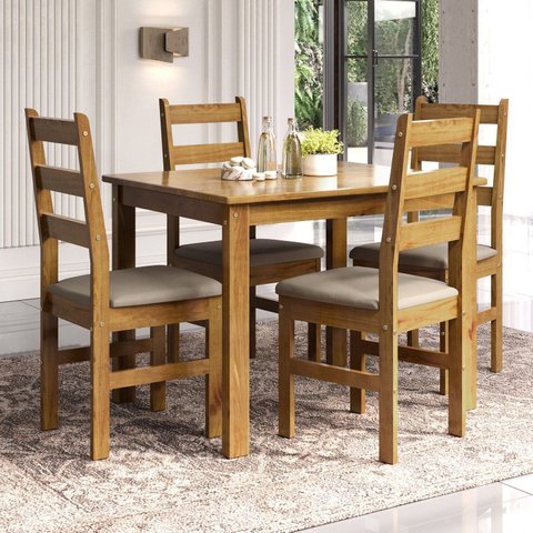 Conjunto Sala de Jantar Mesa 100cm e 4 Cadeiras Estofadas 100% Madeira Maciça Serena Espresso Móveis Nogueira/Mascavo
