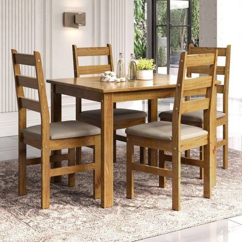 Conjunto Sala de Jantar Mesa 100cm e 4 Cadeiras Estofadas 100% Madeira Maciça Serena Nogueira