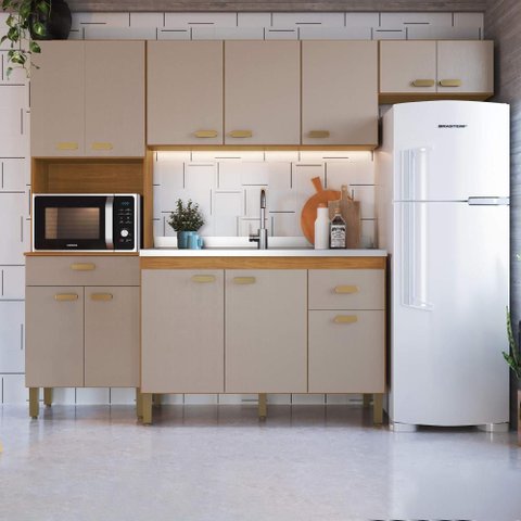 Cozinha Modulada Compacta Fidelitá Mariana 4 Peças 240cm 12 Portas 2 Gavetas sem Tampo Freijó/