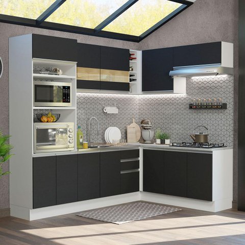 Armário de Cozinha Completa de Canto 419cm Branco/Preto Glamy Madesa 01