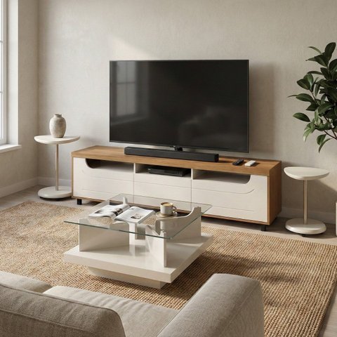 Sala de Estar Mercury Rack Tv 75'' Mesa Centro 2 Mesas Apoio Cinamomo/off White