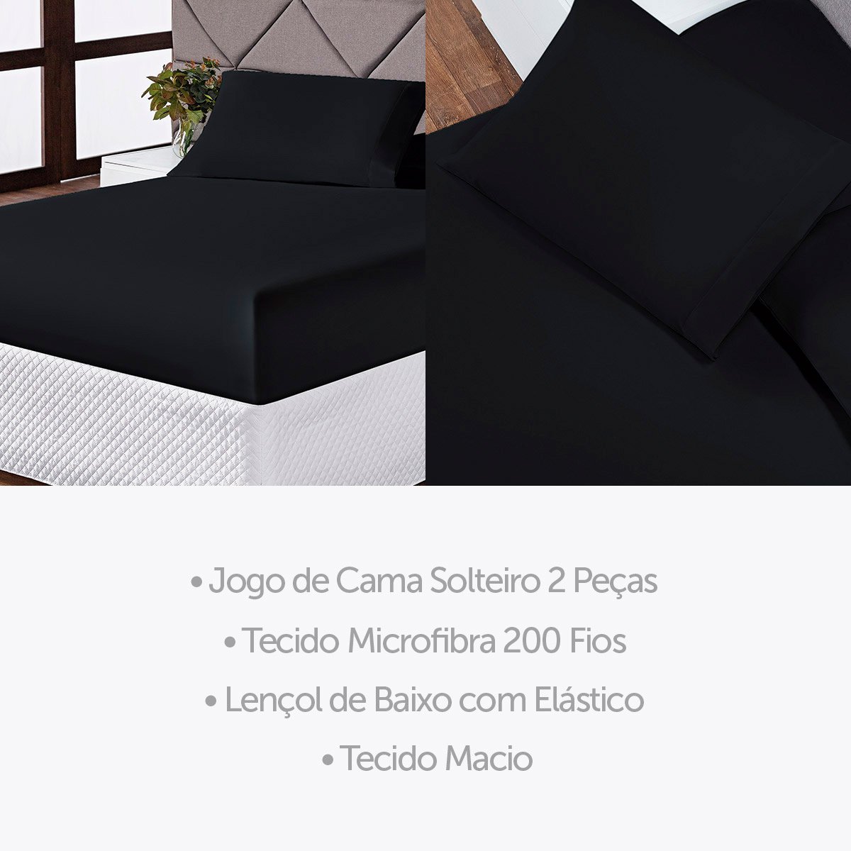 Jogo de Cama Queen 3 Peças Lençol Fronha Completo Liso Preto - 4