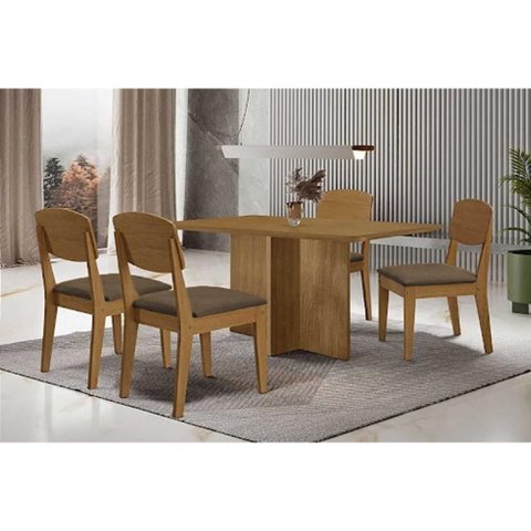 Sala de Jantar Completa Berlim C/ Tampo Madeirado Canto Curvo 120x80cm e 4 Cadeiras Havana Naturale