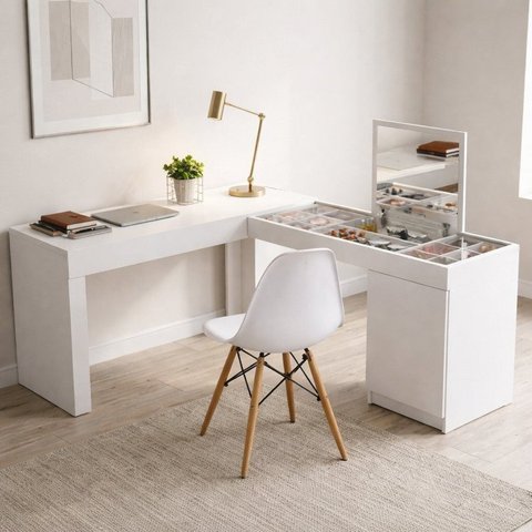 Conjunto Escritório 2 Peças Escrivaninha Penteadeira Star e Cadeira Eames Base de Madeira Yescasa Branco