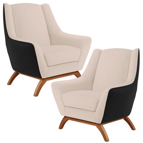 Kit 02 Poltronas Decorativas Base em Madeira Juliet D02 Corano Preto Linho Bege - Lyam Decor