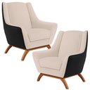 Ver imagem 1 de Kit 02 Poltronas Decorativas Base em Madeira Juliet D02 Corano Preto Linho Bege - Lyam Decor