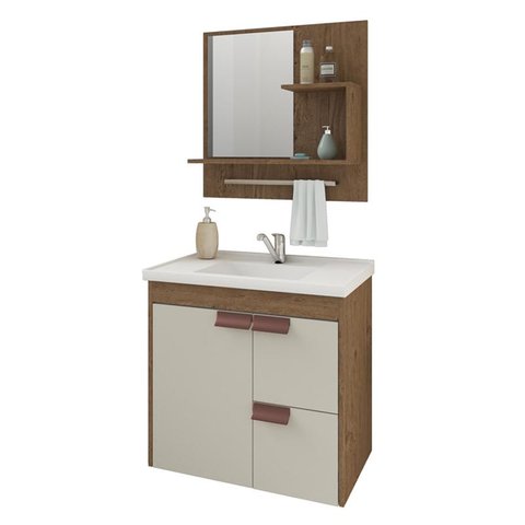 Gabinete de Banheiro com Cuba e Espelheira Tulipa 60cm Amendoa/off White - Mgm