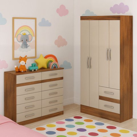 Quarto Infantil com Cômoda 10 Gavetas e Guarda-Roupa 4 Portas e 2 Gavetas Ninho Marrom/Castanho/Off White