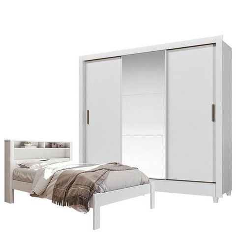 Cama Casal Invicta com Guarda Roupa com Espelho Italia Branco Brilho- Santos Andirá