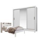 Ver imagem 1 de Cama Casal Invicta com Guarda Roupa com Espelho Italia Branco Brilho- Santos Andirá