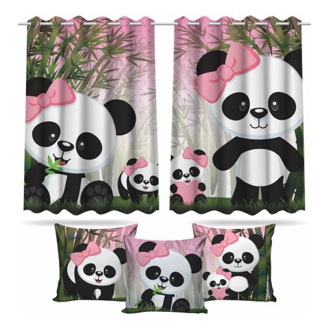 Kit Cortina + 3 Capas Almofadas Infantil Panda Rosa