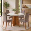 Ver imagem 1 de Conjunto Sala de Jantar 4 Lugares Redonda Tampo Vidro/MDF Mesa Celebrare e Cadeiras Apogeu Bege Amêndoa Clean/Off White/Animale Bege