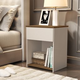 Mesa de Cabeceira para Quarto com Gaveta e Prateleira Jasmim - Off White com Freijó - 1