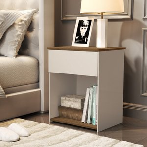 Mesa de Cabeceira para Quarto com Gaveta e Prateleira Jasmim - Off White com Freijó
