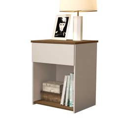 Mesa de Cabeceira para Quarto com Gaveta e Prateleira Jasmim - Off White com Freijó - 2